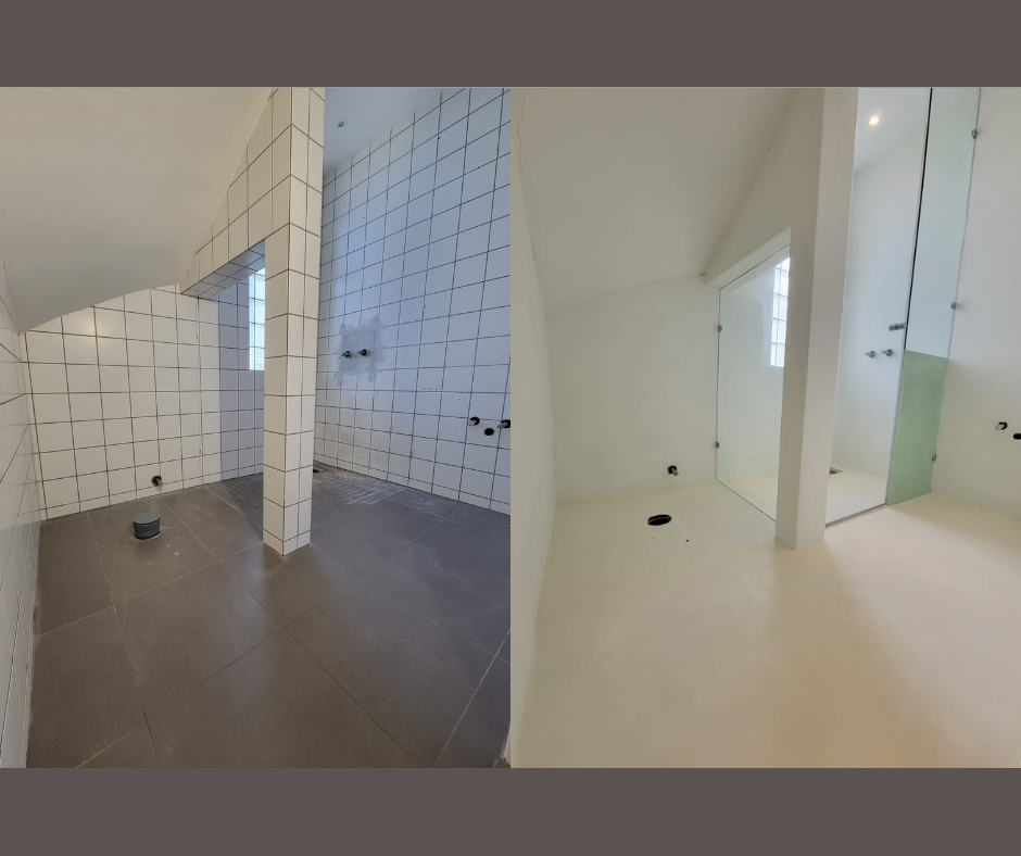 Before and after microcement transformation showing dramatic results